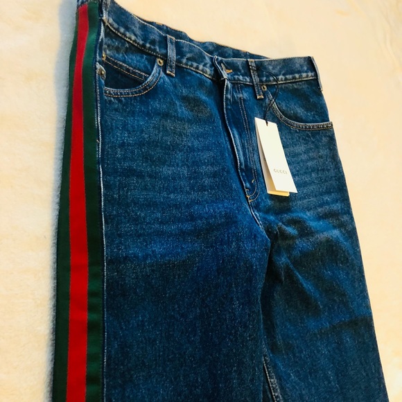 🇮🇹New Gucci Green Red Side Stripe Straight Leg Blue Jeans🇮🇹 - Picture 5 of 16